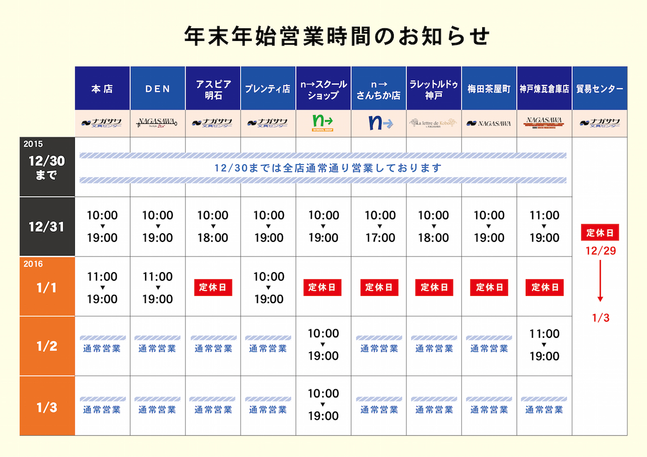 ナガサワ文具センター　年末年始の営業について
